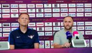 Lekhwiya coach Djamel Belmadi (right) during a press conference ahead of the second Qatar Cup semi-final against El Jaish.