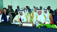 Minister of Finance H E Ali Shareef Al Emadi (rigth, first row); Qatar Central Bank Governor H E Sheikh Abdullah bin Saud Al Thani, and other senior officials attending the meeting.  