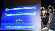 A screen displaying the draw of the UEFA Champions League semi-finals in Nyon, Switzerland
