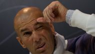 Real Madrid's coach Zinedine Zidane gestures during a news conference. REUTERS/Sergio Perez
