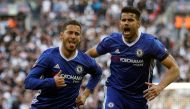 Chelsea's Eden Hazard celebrates scoring their third goal with Diego Costa. Reuters / Peter Nicholls
