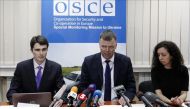 KIEV, UKRAINE - APRIL 23 : Deputy Chief Monitor of the Organization for Security and Co-operation in Europe (OSCE) Special Monitoring Mission to Ukraine Alexander Hug (C) speaks to media about today's OSCE car explosion in Ukraine during a press conferenc