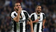Juventus' defender Leonardo Bonucci celebrates after scoring during the Italian Serie A football match Juventus Vs Genoa on April 23, 2017 at the 'Juventus Stadium' in Turin. / AFP / Marco BERTORELLO
