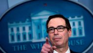 US Secretary of the Treasury Steven Mnuchin takes questions after announcing sanctions against Syria during a briefing at the White House April 24, 2017 in Washington, DC. / AFP / Brendan Smialowski
