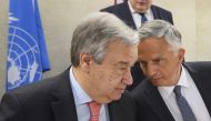 UN Secretary-General Antonio Guterres (L) listens to Swiss Foreign Minister Didier Burkhalter at the opening of a high-level conference to raise funds for war-ravaged Yemen on April 25, 2017 at the Unites Nations Office in Geneva. AFP / Fabrice Coffrini