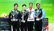 India's Pankaj Advani (left), runner-up at the Asian Snooker Championship poses for a picture with winner Lv Haotian of China and the two losing semi-finalists Mohammad Bilal (right) of Pakistan and Mohamed Shehab of UAE after the medal ceremony in Doha y