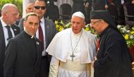 Pope Francis speaks to clergymen at the Coptic Catholic College of Theology and Humanities in the southern Cairo suburb of Maadi, on April 29, 2017.  AFP / Mohamed El-Shahed