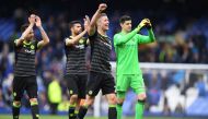 Chelsea's English defender Gary Cahill (2R) and teammates celebrate victory after the English Premier League football match between Everton and Chelsea at Goodison Park in Liverpool, north west England on April 30, 2017. AFP / Paul ELLIS