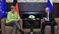 Russian President Vladimir Putin meets with German Chancellor Angela Merkel at the Bocharov Ruchei state residence in Sochi, Russia May 2, 2017. Sputnik/Aleksey Nikolskyi/Kremlin via REUTERS