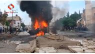 A still image taken from a video posted to a social media website said to be shot on May 3, 2017, shows what is said to be the site of a car bomb in what is said to be Azaz, Syria.