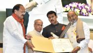 The President, Shri Pranab Mukherjee presenting the Dada Saheb Phalke Award to the Director Shri K. Vishwanath, at the 64th National Film Awards Function, in New Delhi on May 03, 2017. 