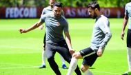 Monaco's Colombian forward Radamel Falcao (left) attends a training session yesterday in La Turbie, near Monaco, on the eve of the UEFA Champions League semi-final second leg against Juventus.