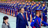 India's Defence Minister Arun Jaitley (centre) reviewing the honour guard with Japan's Defence Minister Tomomi Inada in Tokyo, yesterday.