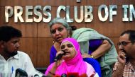 Bilkis Bano addressing a press conference in New Delhi, yesterday.