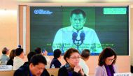 Philippine President Rodrigo Duterte delivers a speech shown on a screen during the universal periodic review of the Philippines by the Office of the United Nations High Commissioner for Human Rights, in Geneva, yesterday.