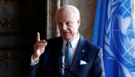 FILE PHOTO: UN Special Envoy for Syria Staffan de Mistura briefs the media during an international conference on the future of Syria and the region, in Brussels, Belgium, April 4, 2017. REUTERS/Francois Lenoir.
