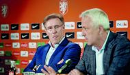 Technical Director of the Royal Dutch Football Federation (KNVB) Hans van Breukelen (left) and Commercial Director Jean Paul Decossaux address a press conference yesterday in Zeist, after veteran coach Dick Advocaat reached an agreement with KNVB. 
