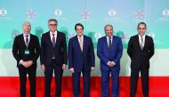 From LEFT: EBRD Secretary-General Enzo Quattrociocche, Minister of Finance for Luxembourg Pierre Gramegna, Cypriot President Nicos Anastasiades, EBRD President Suma Chakrabarti and Cyprus' Finance Minister Harris Georgiades, pose for a family photo during