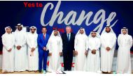 Vodafone Qatar CEO Ian Gray (sixth left) and other officials pose for a group photo at the event. Pic: Qassim Rahmatullah/The Peninsula
