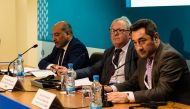 European Bank for Reconstruction and Development (EBRD) President Suma Chakrabarti (left) speaks at a press conference with EBRD Head of External Relations, Anthony Williams (centre); and EBRD Managing Director Communications, Jonathan Charles ; in Nicosi