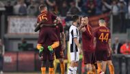 Players of AS Roma celebrate after winning the Italian Serie A soccer match against AS Roma at Stadio Olimpico in Rome, Italy on May 14, 2017. Claudio Pasquazi - Anadolu Agency 
