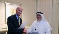Vice Chairman of General Electric, John Rice and Saudi Governor of Small & Medium Enterprises, Ghassan Ahmed Al Sulaiman pose for photos after signing their agreements at the Saudi-US CEO Forum 2017 ahead of the arrival of the U.S. President Donald Trump,