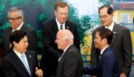
Trade ministers pose for a group photo during the APEC Ministers Responsible For Trade (APEC MRT 23) meeting in Hanoi, Vietnam May 20, 2017. From L-R, front: China's Commerce Minister Zhong Shan, Peru's Foreign Commerce and Tourism Minister Eduardo Ferr