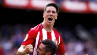 Fernando Torres (Top) and Koke Resurreccion (Bottom) of Atletico de Madrid celebrate after scoring during the La Liga match between Atletico de Madrid and Athletic de Bilbao at Vicente Calderon Stadium in Madrid on May 21, 2017. ( Guillermo Martinez - Ana