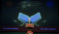 Turkish President Recep Tayyip Erdogan delivers a speech during the International Quran Recital Competition in Ankara, yesterday.