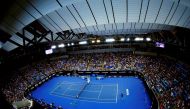 France's Jo-Wilfried Tsonga serves during his third round match against compatriot Pierre-Hugues Herbert, with the roof closed at Margaret Court Arena, at the Australian Open tennis tournament at Melbourne Park, Australia, January 22, 2016. REUTERS/Jason 
