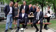 (LtoR) French former cyclist Bernard Hinault, Brussels alderwoman Els Ampe, Former Belgian cyclist Eddy Merckx, Brussels alderman Ahmed El Ktibi, Brussels alderman Alain Courtois and Tour de France's director Christian Prudhomme pose during the inaugurati