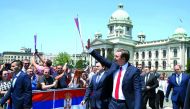 Newly elected Serbian President Aleksandar Vucic waves to his supporters after a swearing-in ceremony at the parliament building in Belgrade, Serbia May 31, 2017. REUTERS/Marko Djurica