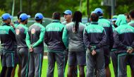 Pakistan coach Mickey Arthur (centre) speaks to the squad as they take part in a nets practice session at Edgbaston cricket ground in Birmingham, central England, on Tuesday ahead of their forthcoming ICC Champions Trophy cricket match against India. 