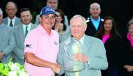 Jack Nicklaus (right) poses with Jason Dufner on the 18th hole after the final round of the Memorial Tournament at Muirfield Village Golf Club in Dublin, Ohio, on Sunday.