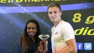 Genzebe Dibaba (left) and Thomas Roehler at the press conference yesterday ahead of today's Diamond League meet in Milan.