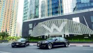 Genesis G90 and Genesis G90 limousine models for VIP guests seen parked outside the W Doha Hotel & Residences, in West Bay.