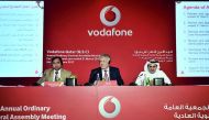 Ian Gray (centre), CEO of Vodafone Qatar; Nasser Al Marri (right), Board member; and Ramamoorthy Rajagopal, Acting Chief Financial Officer, during the Company's Annual General Assembly held at Four Season Hotel on Monday. Pic: Baher Amin/The Peninsula 