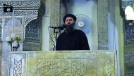 This file image shows Abu Bakr Al Baghdadi adressing worshippers at a mosque in Mosul.  
