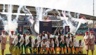 Pakistan players pose with the trophy as they celebrate their win at the presentation after the ICC Champions Trophy final cricket match between India and Pakistan at The Oval in London on June 18, 2017. Pakistan thrashed title-holders India by 180 runs t