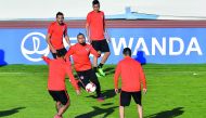 Chile's forward Arturo Vidal (centre) attends a training session with team-mates at the Central Stadium yesterday in Kazan on the eve of their 2017 FIFA Confederations Cup football semi-final match against Portugal.
