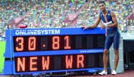 South African Wayde van Niekerk reacts next to his world record result during the IAAF World Challenge Zlata Tretra (Golden Spike) athletics tournament in Ostrava, Czech Republic, yesterday.