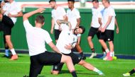 Germany's defender Marvin Plattenhardt (centre) attends a training session with team-mates in Sochi yesterday, on the eve of their 2017 FIFA Confederations Cup football semi-final match against  Mexico.