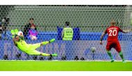 Chile’s goalkeeper Claudio Bravo saves a shot from Portugal’s Ricardo Quaresma during the penalty shootout of FIFA Confederations Cup Russia 2017 - semi final yesterday. Chile reached the final with a 3-0 win.