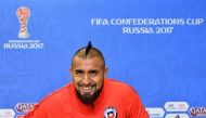 Chile's midfielder Arturo Vidal smiles during a press conference at Krestovsky Stadium in Saint Petersburg on July 1, 2017, the eve of Chile's 2017 FIFA Confederations Cup final match against Germany. (AFP / Mladen ANTONOV)