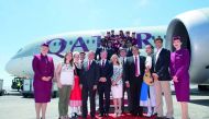 Qatar Airways crew members and other officials at the launch of the direct service to Nice.