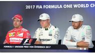 FROM LEFT: Ferrari's Sebastian Vettel, Mercedes' Valtteri Bottas and Mercedes' Lewis Hamilton attend a drivers' press conference after the qualifying session of the Formula One Austrian Grand Prix at the Red Bull Ring in Spielberg