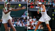 A combination of pictures created in London on July 14, 2017 shows US player Venus Williams (L) playing a shot and Spain's Garbine Muguruza (R) playing a shot as they compete to get to the women's singles final at the 2017 Wimbledon Championships at The A
