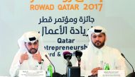 Abdulaziz bin Nasser Al Khalifa (left), CEO of QDB, and Hamad Salem Mejegheer, Marketing and Communication Manager, announcing the launch of Qatar Entrepreneurship Award 2017, yesterday. Photo by Kammutty VP/The Peninsula 