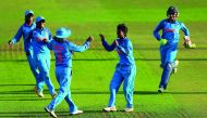Indian players celebrate after taking the wicket of Australia’s Alex Blackwell to win the Women’s World Cup semi-final in Derby, Britain on Thursday. 