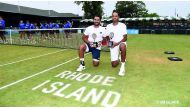 Aisam Ul Haq Qureshi and Rajeev Ram pose for a photograph after winning the men’s doubles title at the Dell Technologies Hall of Fame in Newport, Rhode Island, US on Saturday. The Pakistani-American duo beat Australians Matt Reid and John-Patrick Smith 6-
